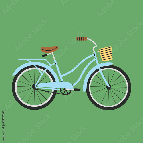 Colorful poster with a bicycle. Stylish bike with a basket. Sport, city lifestyle, environmentally friendly transport. Social media design, banner, greeting card. Cute hand drawn vector illustration.