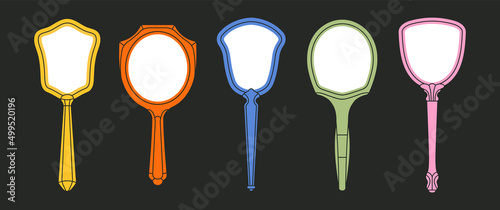 A set of mirrors for daily beauty routine. Mirror with handle, various frame shapes. Antique, vintage style. Cute colorful design. Hand drawn vector illustration isolated on black background.