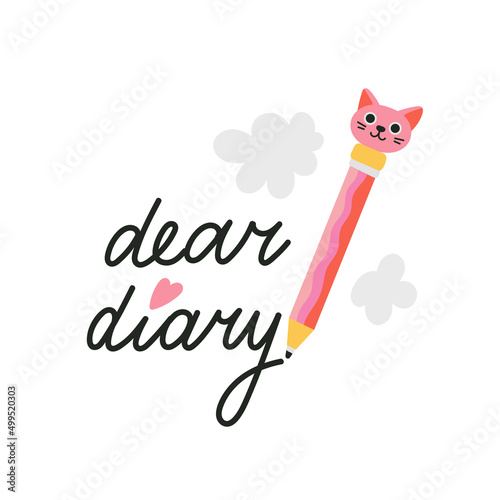 Dear Diary hand drawn lettering. The inscription is made by a pen with a cute design. Everyday notes, private life. Poster, notebook cover, greeting card design etc. Vector illustration.