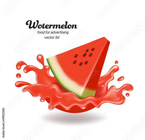 Watermelon cut into triangular pieces. fall into impact with watermelon juice causing a wide splash of water,vector 3d isolated on white background for make fruit juice advertisements concept