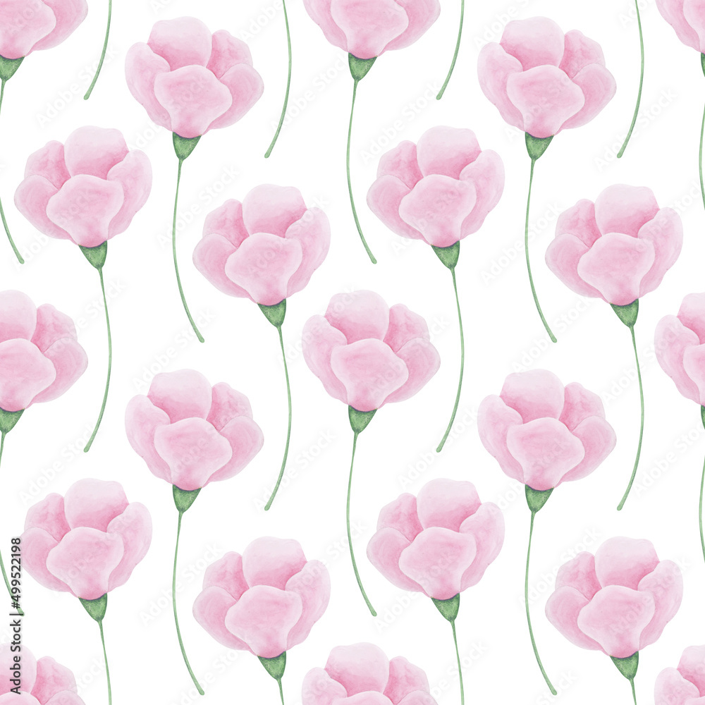Seamless pattern with pink flowers on white background. Light floral background. Watercolor pattern, simple botany elements. Texture for girl fabric, wrapping paper, nursery wallpaper