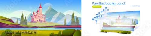 Fairy tale castle in mountain valley with river. Vector parallax background ready for 2d animation cartoon summer landscape with rocks, green grass, trees, water stream and royal palace on shore