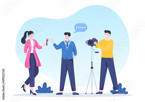 Journalism or Social Broadcasting with Equipment, News, Microphones, Reporter and Interview Speech Media Event in Flat Style Cartoon Illustration