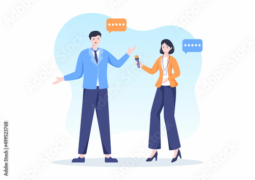 Journalism or Social Broadcasting with Equipment, News, Microphones, Reporter and Interview Speech Media Event in Flat Style Cartoon Illustration