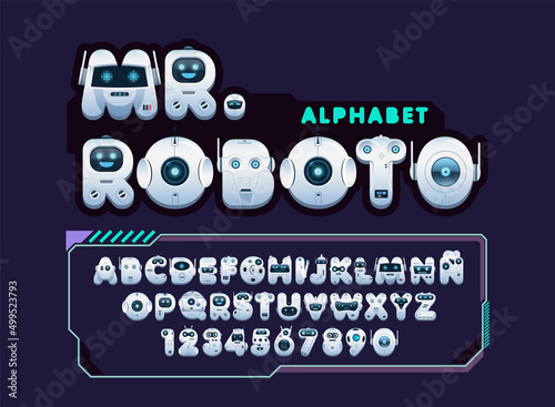 Cute robots and bots cartoon alphabet and numbers Vector