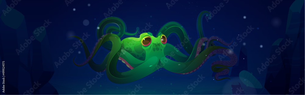 Vetor de Green octopus swim in ocean water at night. Vector cartoon ...