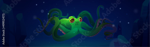 Green octopus swim in ocean water at night. Vector cartoon illustration of dark underwater sea landscape with giant marine animal, squid with suckers on tentacles