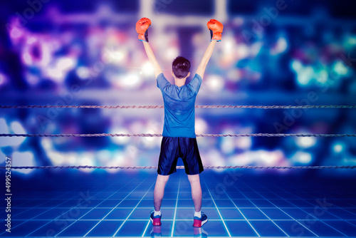 Male boxer celebrating his winning in cyberspace