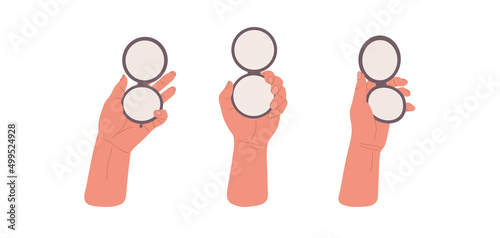 Set diverse hands holding differently pocket mirrors.Cartoon illustration