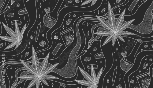 Seamless pattern with cannabis leaves, joints, buds, grinders and pots. Chalkboard background with marijuana equipment.