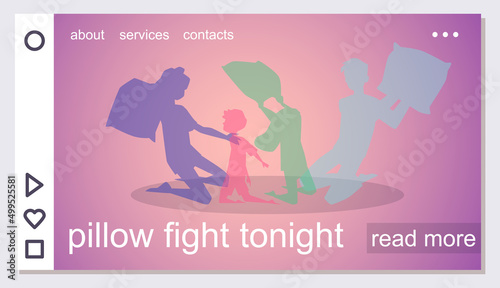 Pillow fight entertainment poster or invitation webpage flat vector illustration.