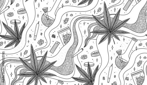 Seamless pattern with cannabis leaves, joints, buds, grinders and pots. Chalkboard background with marijuana equipment. photo