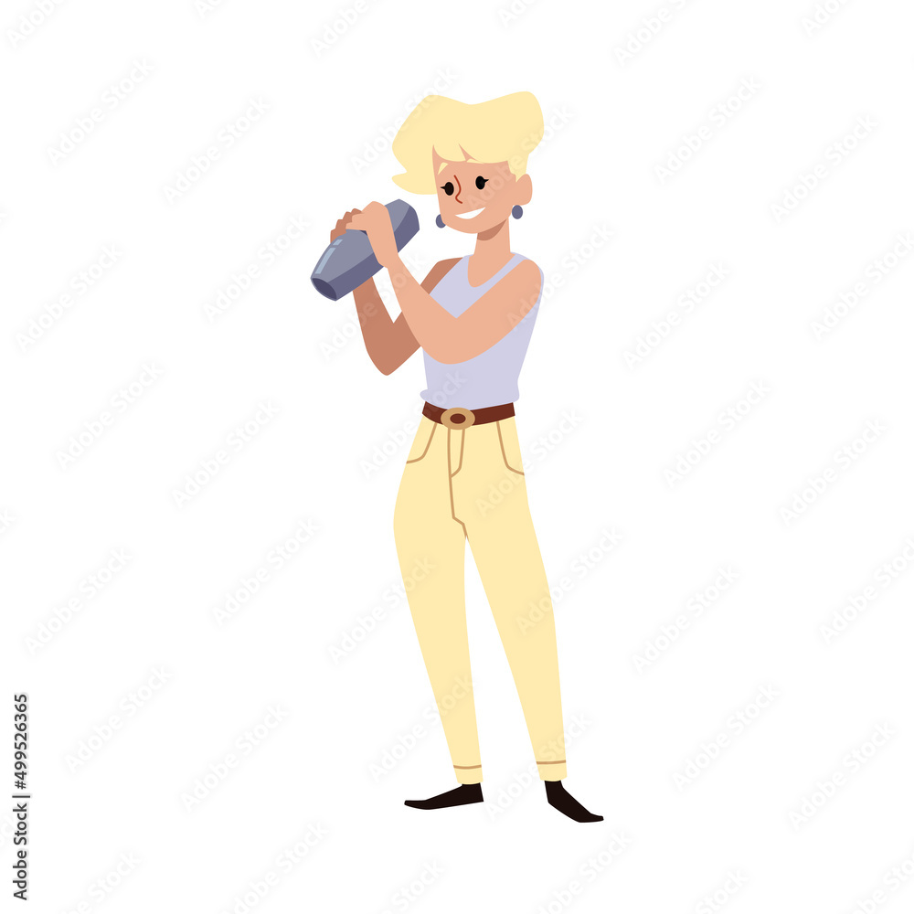 Woman bartender mixing drinks in shaker flat vector illustration isolated. Woman bartender mixing drinks in shaker flat vector illustration isolated.