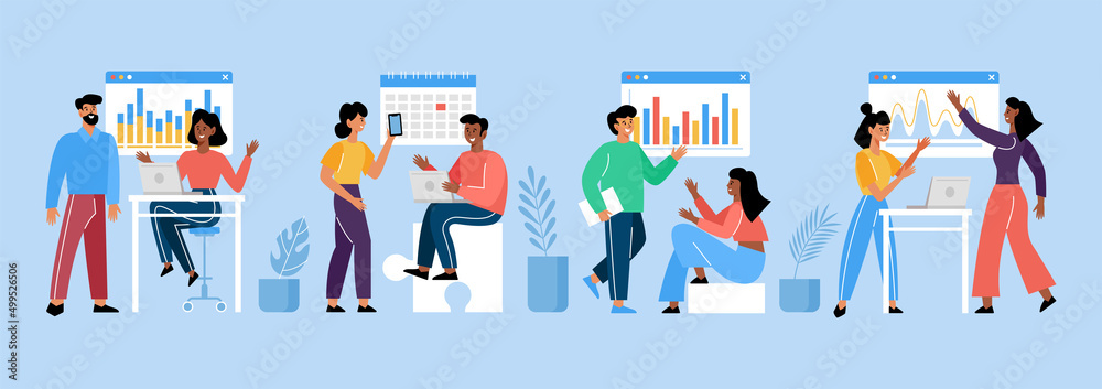 Creative teamwork concept. Modern vector illustration with people team of freelancers, designers, software developers searching for business solutions Creative teamwork concept. Modern vector illustration with people team of freelancers, designers, software developers searching for business solutions
