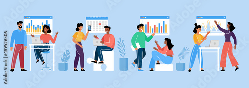 Creative teamwork concept. Modern vector illustration with people team of freelancers, designers, software developers searching for business solutions