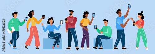 Mobile communication concept. Modern vector illustration of people using mobile phone and posting on social media