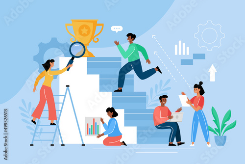 Career development concept. Modern vector illustration with businessman running up stairs and diverse people team planning career growth