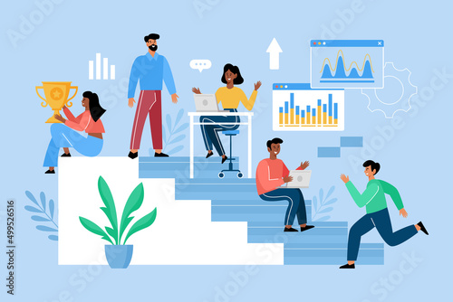 Career development concept. Modern vector illustration with people team working together for success and growth