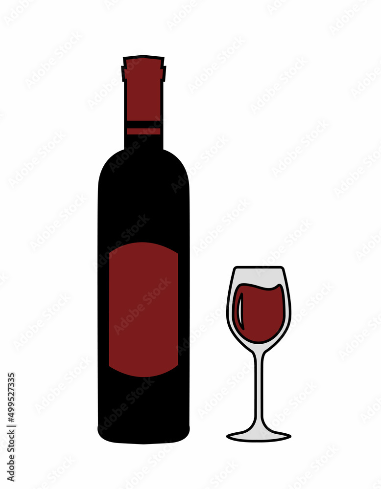 Bottle of red wine with a glass. Sticker, decal, alcohol bottle template. Design elements for bar menu, pub, restaurant, advertising, banner, poster. Vector illustration in contour style Bottle of red wine with a glass. Sticker, decal, alcohol bottle template. Design elements for bar menu, pub, restaurant, advertising, banner, poster. Vector illustration in contour style