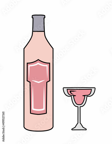Glass bottle and shot with liqueur. Vector illustration. Liqueur on a white background