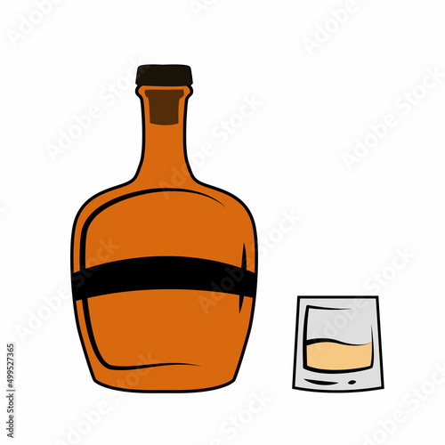 Full Jamaican rum bellied bottle and glass, sketch style vector illustration isolated on white background. Realistic hand drawing of an unlabeled, unopened rum, brandy, whiskey bottle