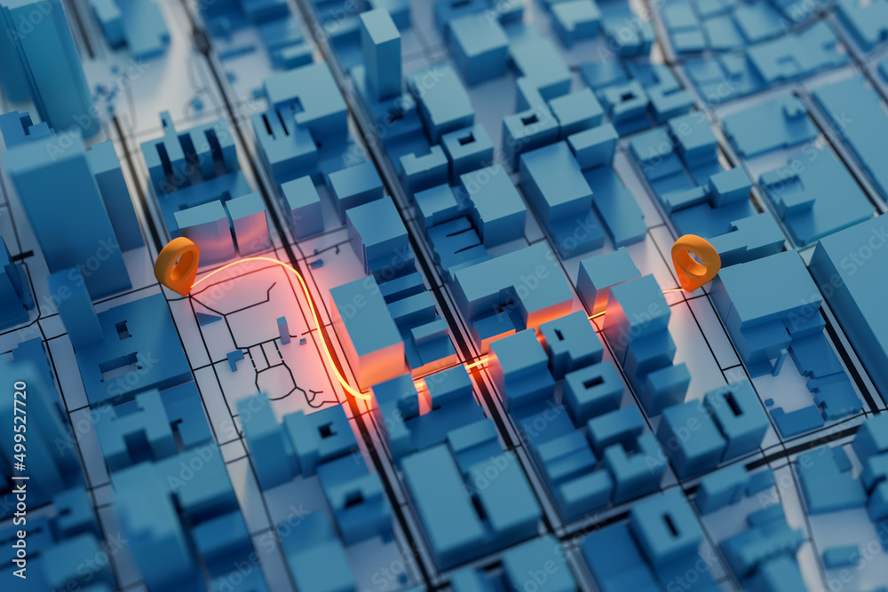 Global Positioning System GPS navigation route between two points in a