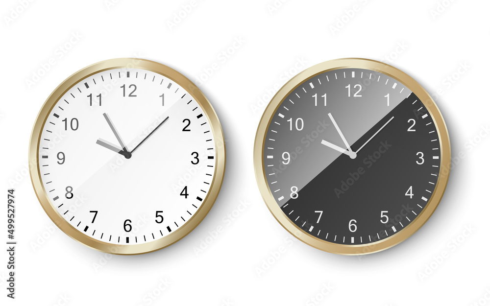 Modern wall clock with golden frame, realistic vector illustration isolated on white background. Modern wall clock with golden frame, realistic vector illustration isolated on white background.