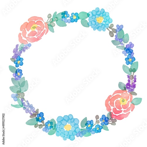 Quadro su tela 水彩画。水彩タッチの草木と花リースフレーム。グラデーションカラーの草木と花リースイラスト。花輪の装飾枠背景。Watercolor painting