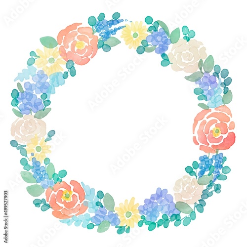 Foto 水彩画。水彩タッチの草木と花リースフレーム。グラデーションカラーの草木と花リースイラスト。花輪の装飾枠背景。Watercolor painting