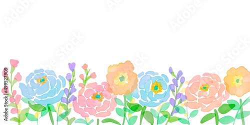 水彩画。水彩タッチの草木と花フレーム。グラデーションカラーの草木と花イラスト。透明水彩で描いた装飾枠背景。Watercolor painting. Watercolor touch grass, trees and flowers frame. Illustration of gradient color plants, trees and flowers. Decorative frame ba