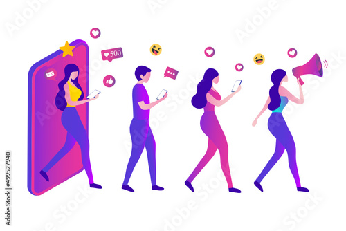 Woman shouting in loud speaker with social media icons. Influencer social media marketing  vlogger  youtuber  social influencer and influencer marketing concept vector illustration