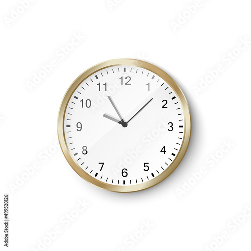 Modern office wall clock with golden frame and white dial, 3d vector illustration isolated on white background.