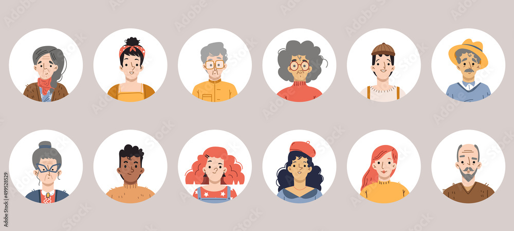 Diverse people avatars, person faces for social media profile. Vector set of male and female portraits with different hairstyle. Flat illustration of young and senior adult people heads Diverse people avatars, person faces for social media profile. Vector set of male and female portraits with different hairstyle. Flat illustration of young and senior adult people heads
