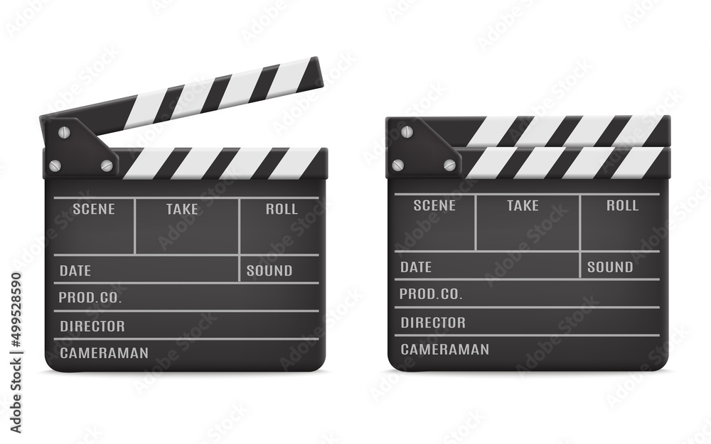 Realistic clapboard with text information about scene, 3d vector illustration isolated on white background.