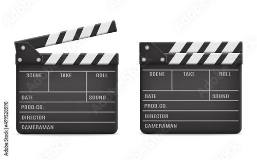 Realistic clapboard with text information about scene, 3d vector illustration isolated on white background.