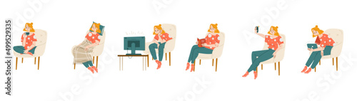 Woman sitting on chair isolated set. Young girl in comfortable armchair relax, drink coffee, watch tv, sleep and reading book, make selfie, work on laptop, Linear cartoon flat vector illustration, set