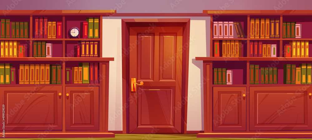 Library or cabinet with wooden bookcases and door. Vector cartoon illustration of empty shop, university, school or home library interior with books on shelves Library or cabinet with wooden bookcases and door. Vector cartoon illustration of empty shop, university, school or home library interior with books on shelves