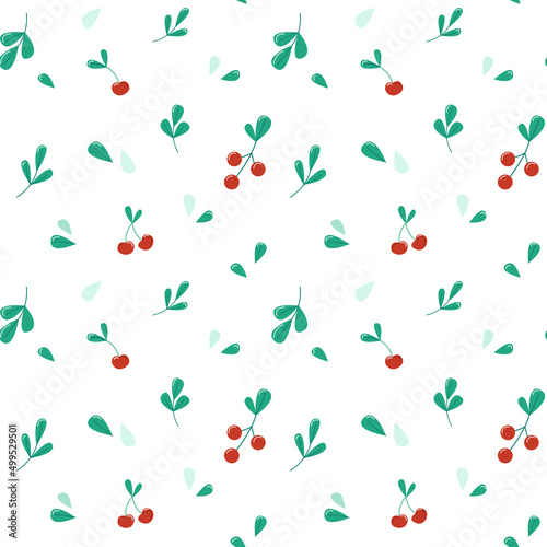 Fototapeta Naklejka Na Ścianę i Meble -  Seamless vector pattern. Cherry and green leaves. Minimalism. White background. Flat cute elements
