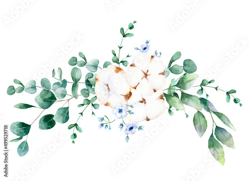 Watercolor eucalyptus and cotton composition for concept design. Hand-painted floral illustration. Rustic style drawing. Trendy natural design