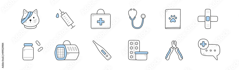 Veterinary clinic icons with doctor case, syringe, cat with bandage, grooming tools, thermometer and stethoscope. Vector hand drawn symbols of veterinarian medicine, sick pet healthcare