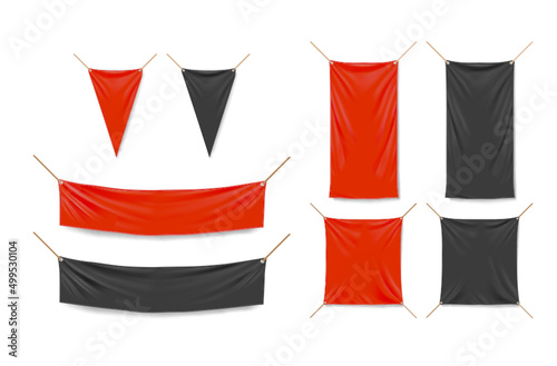 Red and black banners and triangle pennants hanging with ropes. Vector realistic mockup of 3d horizontal and vertical canvas posters and pennons isolated on white background