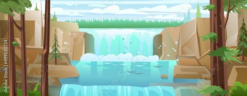 Wide landscape with waterfall among rocks. Cascade shimmers downward. Coniferous forest on horizon. Water flowing. Nice cartoon style. Flat design. Vector