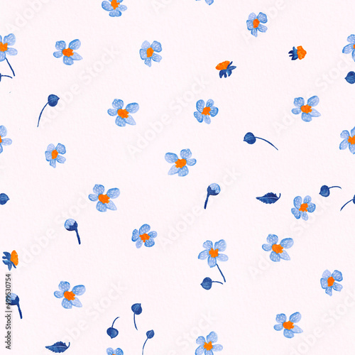 Watercolor simple blue wild flowers pattern. Summer floral background with small blossom flowers. Hand drawn flowers and plants seamless pattern for print, fabric, textile, wrapping, wallpaper.