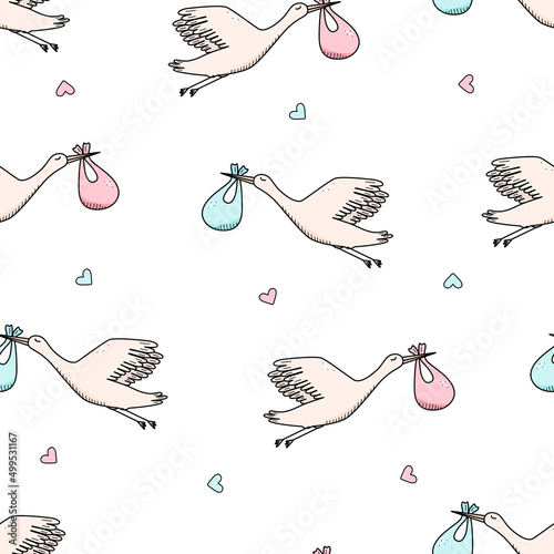 Seamless pattern of a stork carrying a newborn. Vector illustration, wallpaper background for baby.