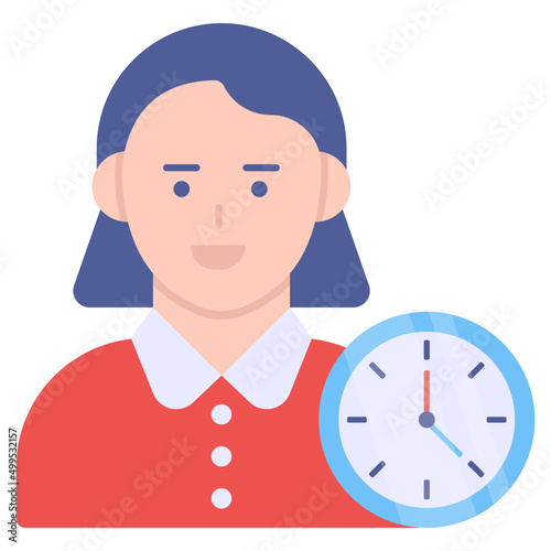Avatar with clock, icon of punctual employee