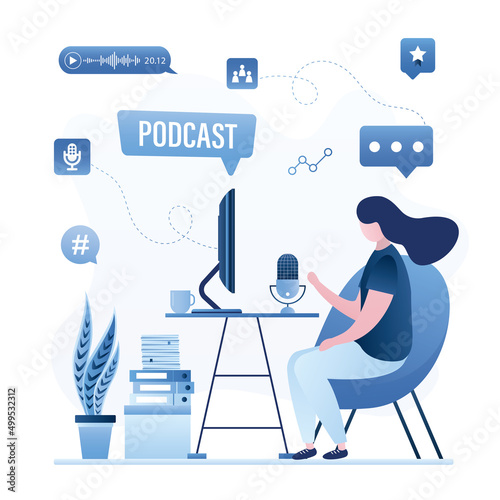 Radio host at workplace. Media hosting. Cute woman podcaster, speech bubble with podcast inscription. Blogger or broadcaster at workspace. Female character create media content.