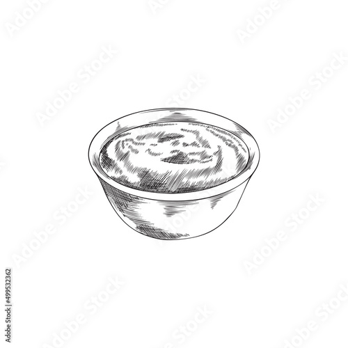 Bowl with sauce or yogurt, hand drawn sketch vector illustration isolated on white background.