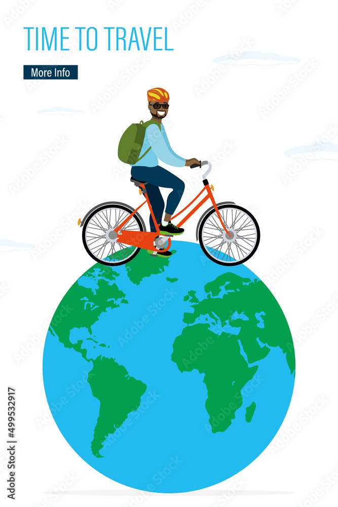 Fototapeta premium Time to travel. African american tourist drive bicycle. Worldwide, global travel. Happy man with backpack rides bike. Freedom, concept. World tourism. Transportation banner.