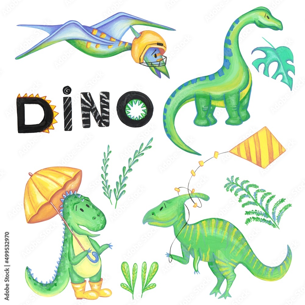 Obraz premium Funny cartoon dinosaurs collection. Gouache illustration, with transparent background