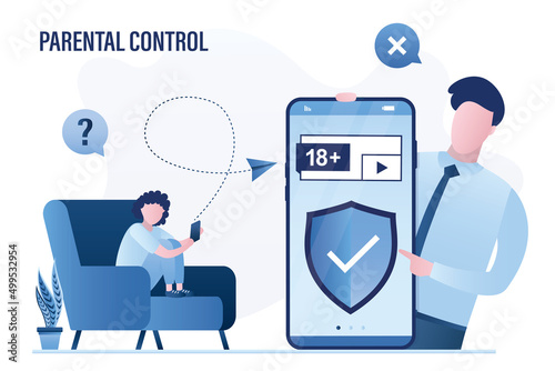 Father holds cell phone with shield. Parental control, concept. Age restriction. Girl teen uses smartphone and want looking video content for adult. 18 plus content, warning sign.